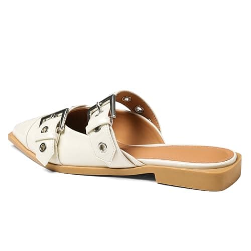 Grakihily Buckle Flats for Women Pointy Toe Wide Welt Buckled Mules Low Block Heel Slippers Mary Jane Shoes Comfortable Ballerina Flats - Thumbnail 4