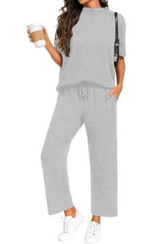 PrinStory Womens Lounge Set Summer 2 Piece Outfits Pullover Top and Wide Leg Pants Matching Sets 2026 Light Gray-S - Image 1