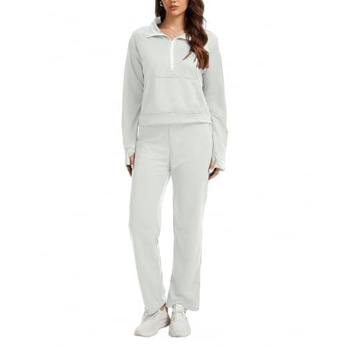 Anyshe Women's 2 Piece Sweatsuit Set Lounge Set Half Zip Sweatshirt with Kangaroo Pocket Thumb Holes Wide Leg Drawstring Pants Casual Tracksuit for Travel Daily Wear, White, Large - Image 1