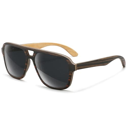 SUNAIT Light Burl/Black Oak/Zebra & Ebony/Maple Wood Sunglasses Classic Square Aviator for Men & Women HD Polarized Lens (Ebony Wood Frame/Grey Lens) - Image 1