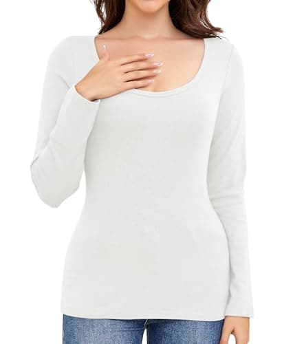 Ganado Long Sleeve Shirts for Women Scoop Neck Thermal Shirt Plain Basic Tops Fitted Layering Undershirts (White, Medium) - Image 1