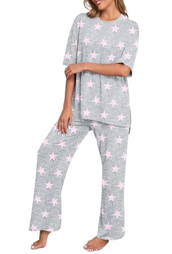 PrinStory Summer Pjs Set for Women - Two Piece Lounge Set with Pockets - Pink Star - XL - Image 1
