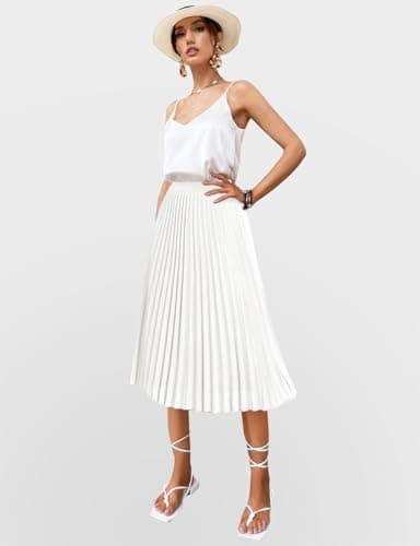 SLOWCOLIN Women's Midi Skirt Elastic High Waist Pleated Skirt Knee Length Swing A-Line Casual Flowy Skirts 2025 White,XL - Thumbnail 3