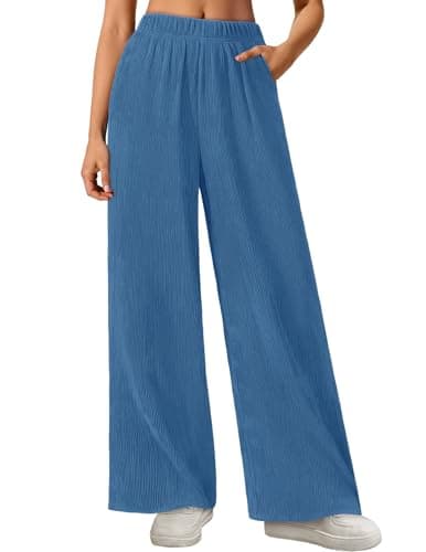 MEROKEETY Women's Wide Leg Palazzo Pants Flowy Pleated Elastic High Waisted Casual Trousers with Pockets, Blue, Small - Image 1