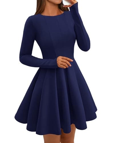 BTFBM Spring Dresses for Women 2026 Long Sleeve High Waist Pleated Flowy Aline Party Wedding Guest Dress Business Casual(Navy, X-Small) - Image 1