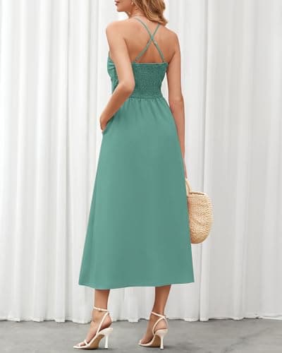 BTFBM Women 2026 Spaghetti Strap Midi Summer Dresses Sleeveless V Neck Cutout Slit Casual Beach Party Maxi Dress Pockets(Grey Green, XX-Large) - Thumbnail 5