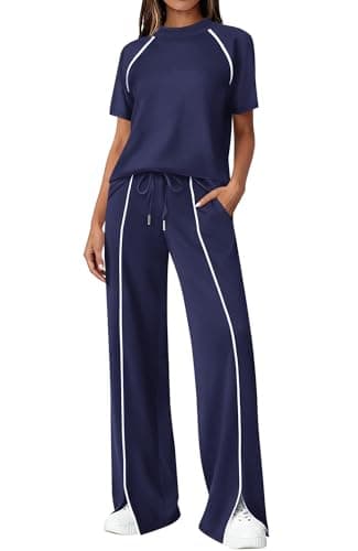 BTFBM Casual Two Piece Sets For Women Summer Outfits Solid Matching Sweatsuit Lounge Set Wide Leg Pants Workout(Navy Blue,Small) - Image 1
