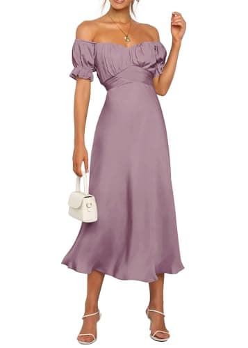 KIRUNDO Women's 2026 Spring Summer Satin Wedding Guest Midi Dress Off The Shoulder Wrap Party Cocktail Formal Prom Dresses(Pink, Small) - Image 1