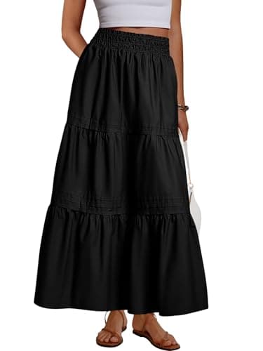 MASCOMODA Casual Long Skirts for Women Boho Swing A Line High Waisted Tiered Flowy Maxi Skirt with Pockets Beach Summer 2026(Black,Small) - Image 1
