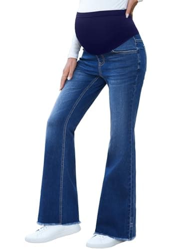 BLENCOT Maternity Denim Pants for Women Stretch Over Belly Pregnancy Jeans for Pregnant Womens Flare Bottom with Pockets Soft Comfort Fit P1005 Blue 2XL - Image 1