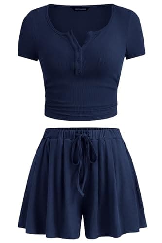 PRETTYGARDEN 2 Piece Sets For Women Summer Short Sleeve Button Up Shirts Drawstring Elastic Waist Shorts Lounge Set 2026(Navy Blue,Medium) - Image 1