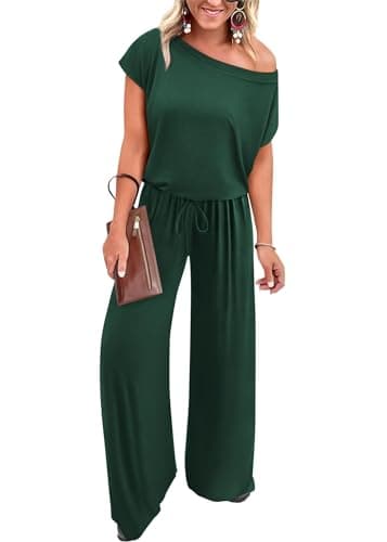 KIRUNDO Dressy Jumpsuits for Women Elegant Casual Loose Fit One Piece Wide Leg Off Shoulder Summer Romper Casual Beach Vacation Travel Outfits(Dark Green, Medium) - Image 1