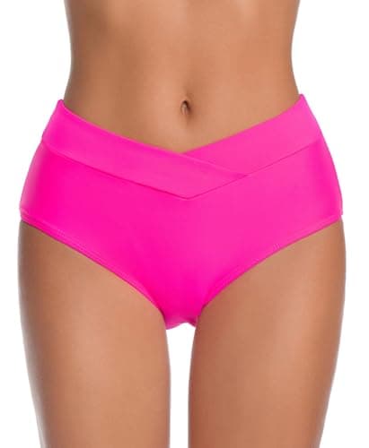 COCOPEAR V Cut Mid Rise Bikini Bottoms for Women Cross Front Bathing Suit Bottoms for Women Pink XS - Image 1