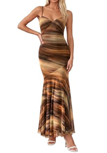 BTFBM Summer Dresses for Women 2026 Spaghetti Straps Sundress Twist Knot Mesh Mermaid Wedding Guest Dress Beach Vacation(Print Brown, Small) - Image 1