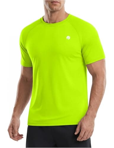 PINSPARK Workout Shirts for Men - Lightweight Crewneck Running Athletic T-Shirts Short Sleeve Quick Dry Moisture Wicking Gym Tees L Neon Green - Image 1