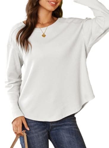 Doktoo Womens Summer Tops for Women 2026 Oversized Waffle Knit Shirts V Neck Long Sleeve Casual Lightweight Sweatshirt Teacher Outfits Spring Fashion Outfits,X-Large White - Image 1