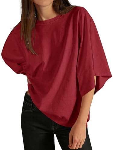 Cicy Bell Womens Oversized Half Sleeve T-Shirts Summer Casual Crew Neck Tshirt Loose Fit Side Slit Tee Tops Burgundy - Image 1