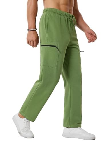 SILKWORLD Sweatpants for Men Zipper Cargo Pockets Joggers Open Bottom Casual Pants for Athletic, Jogging, Olive Green, Small - Image 1