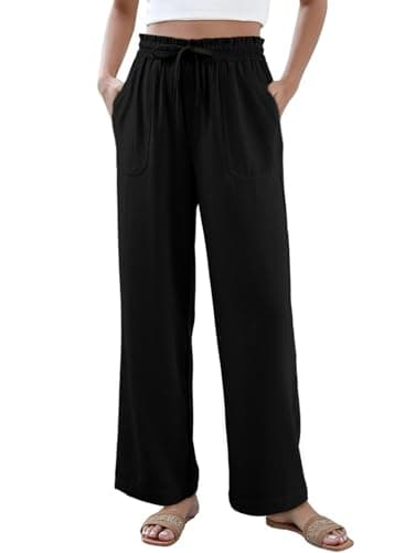 Dokotoo Black Pants for Women Womens Spring Fashion 2026 Casual High Waist Wide Leg Trousers Loose Elastic Drawstring Cargo Pants with Pockets Contrast Stitching Jogging Jogger Medium - Image 1