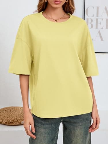UNCLECAT Womens Oversized Short Sleeve T Shirts Summer Trendy Tops Casual Solid Crew Neck Loose Fit Basic Tees Yellow - Thumbnail 2