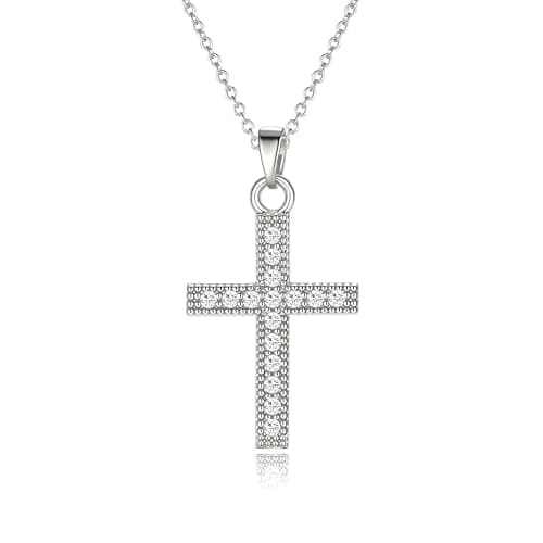 Solistra Silver Cross Necklace for Women, Cubic Zirconia Cross Faith Pendant Necklace, Trendy Christian Jewelry Gifts for Baptism First Communion Christmas - Image 1