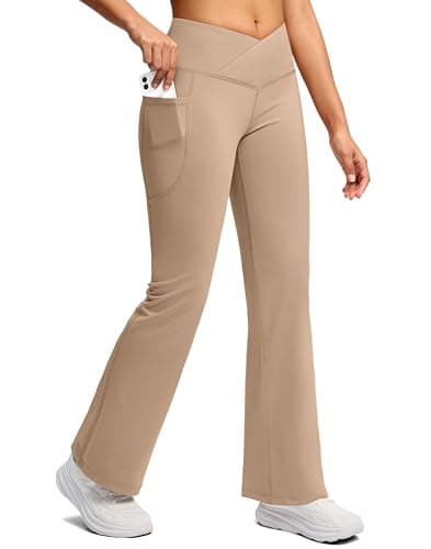SANTINY Women's Fleece Lined Pants Crossover Yoga Pants High Waisted Bootcut Lounge Water Resistant Thermal Warm Flare Leggings for Women with Pockets 28 Inch(Khaki_S) - Image 1