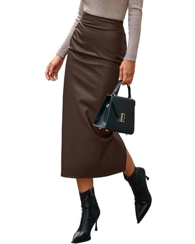 BTFBM Skirts for Women Trendy Spring 2026 Elastic Waist Ruched Bodycon Slit Pencil Midi Leather Skirt Bussiness Casual(Coffee, Large) - Image 1