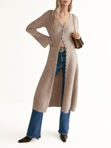 Saodimallsu Womens Long Cardigan Sweaters Oversized Bell Sleeve Open Front Button Down Casual Knit Fall Midi Dress Khaki - Thumbnail 2