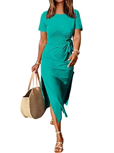 ANRABESS Women's 2026 Summer Maxi Tshirt Dress Short Sleeve Crewneck Tie Waist Casual Slim Fit Slit Spring Long Beach Dresses Lake Small - Image 1