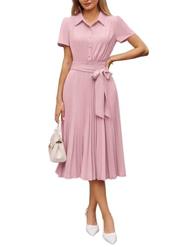 GRACE KARIN Women 2026 Summer Business Shirt Dress,Short Sleeve Collared Neck Button Midi Dresses,Pleated Casual Dresses Light Pink L - Image 1