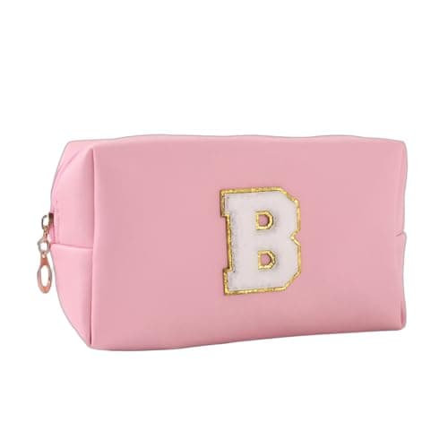 Makeup Bag Initial Preppy Patch Bag,Small PU Leather Travel Cosmetic Bag Pouch with Zipper, Pink Cute Toiletry Bag,Gift Ideal for Teen Girls Women Birthday Friend Mom, Latter B - Image 1