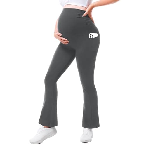 Walifrey Maternity Flared Leggings with Pocket Over The Belly Buttery Soft Pregnancy Yoga Pants Dark Grey L 28in - Image 1