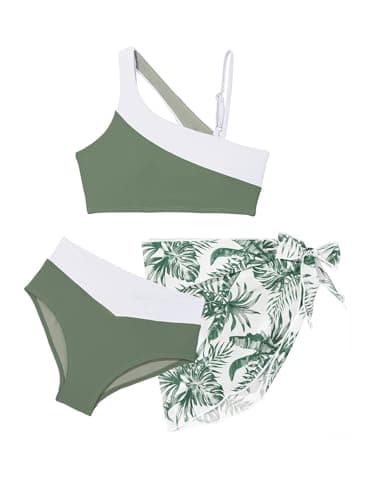 blibean Teen Girls Swimsuit Little Kids Bathing Suits Tween Matching Cutout Colorblock Bikini Sets Three Piece Hawaii Removable Pad Beach Swimwear Traje De Baño para Niñas Size 6-7 Years Sage Green - Image 1