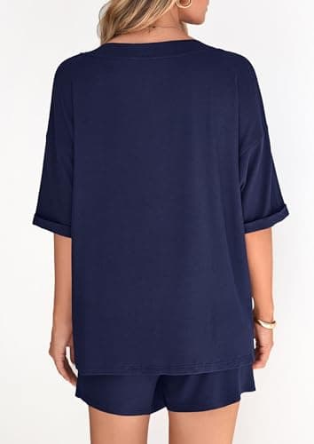 PRETTYGARDEN Womens 2 Piece Sets 2026 Oversized Vneck Half Sleeve Tops Shorts Lounge Set Casual Summer Travel Beach Outfits (Navy Blue,Large) - Thumbnail 4