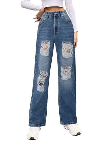 Genleck Women Loose Ripped Boyfriends Jeans High Waist Baggy Denim Pants Distressed Wide Leg Jeans Y2K（Light Blue，S） - Image 1