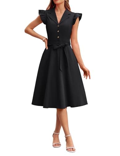 GRACE KARIN Womens Summer Midi Dress 2026 Flutter Short Sleeve Business Casual Dress Button Down Work Dresses with Pockets Black L - Image 1
