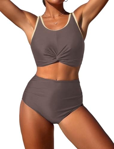 ZAFUL Modest Bikini Sets for Women Tummy Control Swimsuit Twist Knot Ruched Two Piece Bathing Suit Push Up Full Coverage Bikini Top with High Waisted Bikini Bottoms Sporty Swimwear Coffee Gray M - Image 1