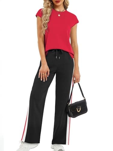 Casly Lamiit Spring Summer Sweatsuits for Women 2026 Business Dressy Casual Outfits Cute Short Sleeve Tops Athleisure Wide Leg Pants Lounge Set Red L - Image 1