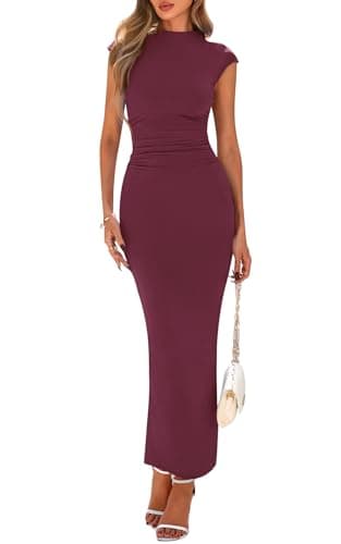 PRETTYGARDEN Women's Summer Maxi Dress Ruched Bodycon Sleeveless Formal Wedding Guest Elegant Cocktail Party Slit Fitted Long Dresses Wine Red L - Image 1