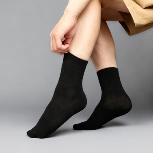 Kagcre Cotton Cushioned Crew Socks 5 Pairs, Women Men Athletic Casual Socks, Striped Retro Socks, Cozy Soft Moisture-Wicking Socks for Gym, Work, Everyday (Solid Black) - Thumbnail 3