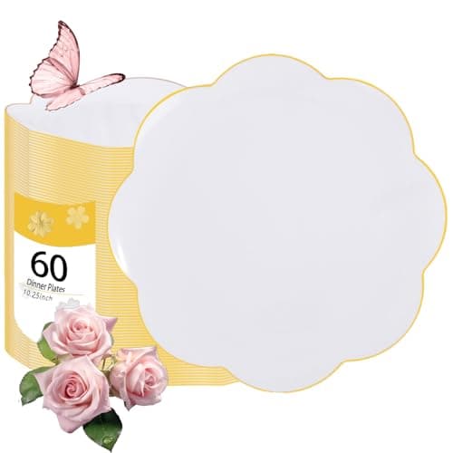 LIYH 60 Pcs 10.25 Inch White and Gold Dinner Plates - Scalloped Plastic Plates Disposable, Fancy White Plastic Plate Disposable Heavy Duty for Party Mothers Day - Image 1