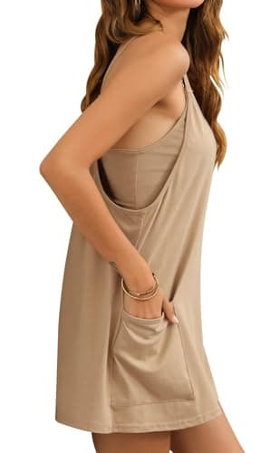 Ebifin Women's Summer Mini Dress Casual Workout Tennis Dress with Shorts Sleeveless Althletic Dresses Khaki - Thumbnail 4