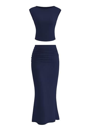 PRETTYGARDEN Skirt Sets Women 2 Piece Outfits Summer Outfits 2026 Going Out Crop Tops Long Maxi Skirts Beach Vacation Clothes(Navy,XX-Large) - Image 1