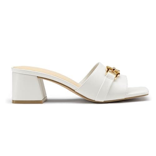 Athlefit Heeled Sandals for Women Mules Square Open Toe Chunky Block Heels Summer White Slip On Dress Shoes for Party Wedding Size 6.5 - Thumbnail 4