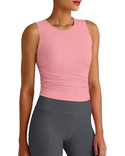 G4Free Yoga Tank Tops for Women Crop High Neck Slim Fit Side Ruched Athletic Tops Gym Workout Activewear (Pink,XS) - Image 1