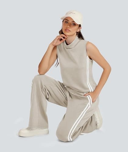 Casly Lamiit Two Piece Sets for Women Lounge Travel Outfits Casual Sweatsuit Matching Airport Clothes Sleeveless Tops Long Jogging Pants Dark Beige S - Thumbnail 6