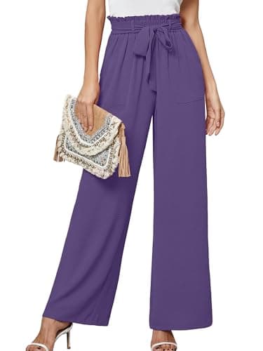 Heymoments Women's Wide Leg Pants with Pockets Deep Purple Medium Lightweight High Waisted Tie Knot Paperbag Dressy Palazzo Loose Paper Bag Comfy Business Casual Work Flowy Trousers - Image 1