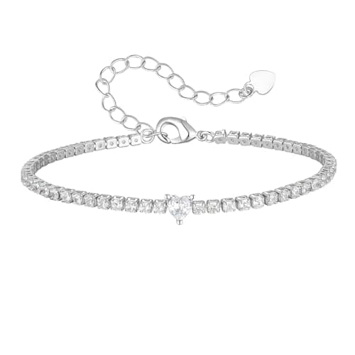 Goxygen Heart Tennis Bracelet for Women - 14K Gold Plated Heart Cubic Zirconia Link Bracelet, Dainty Adjustable Gold Chain, Trendy Stacking Anniversary Birthday Valentine’s Day Jewelry Gift for Her Girfriend Daughter (silver) - Image 1