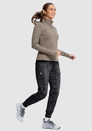 G Gradual Women's Fleece Lined Joggers Hiking Pants 4 Zipper Pockets High Waisted Water Resistant Winter Running Sweatpants, Black Camo, Large - Thumbnail 6