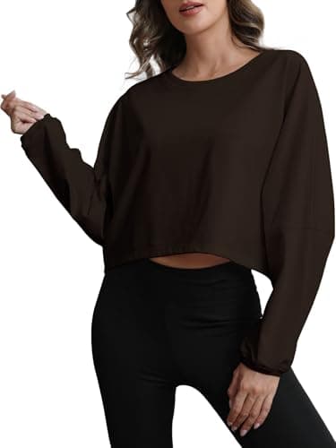 MATEAM Womens Cropped Sweatshirt Loose Fit Workout Tops - Crewneck Pullover Long Sleeve Casual Fashion Sweaters for Yoga Gym Fitness Brown XS - Image 1
